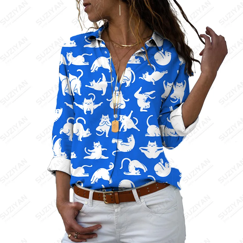 Женская свободная рубашка с цветочным принтом и длинным рукавом