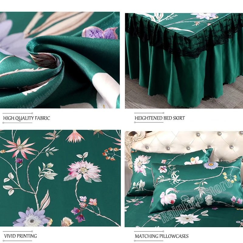Зеленый комплект постельного белья из роскошного кружевного белья с подъемной юбкой для двуспального матраса с яркой печатью, включающий простыни с наволочками.