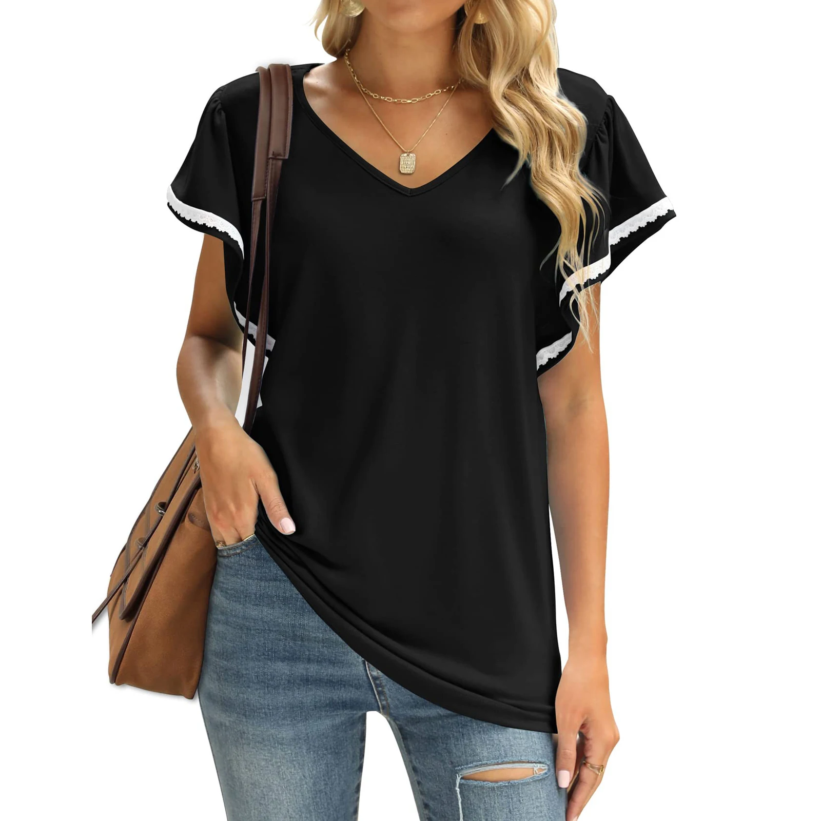 

Women Summer Loose T-Shirts Tops Casual Lace Trim Ruffle Sleeve V Neck Dolman Tee