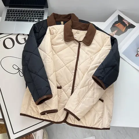 Женское Стеганое пальто на хлопковой подкладке, Повседневная теплая парка, простой контрастный цвет, лацкан, тонкая, больших размеров, осень и зима, 100 кг