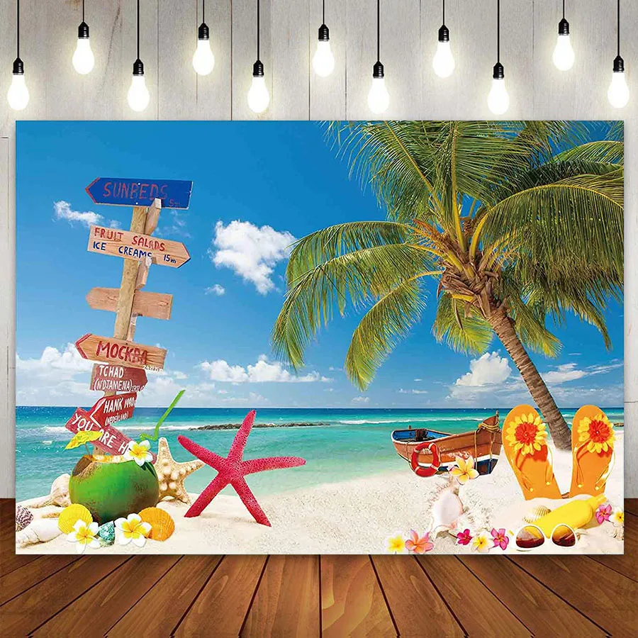 

Summer Beach Backdrop Tropical Seaside Island Palm Tree Photography Background Blue Sea Sky Hawaii Luau Themed Party Wall Banner