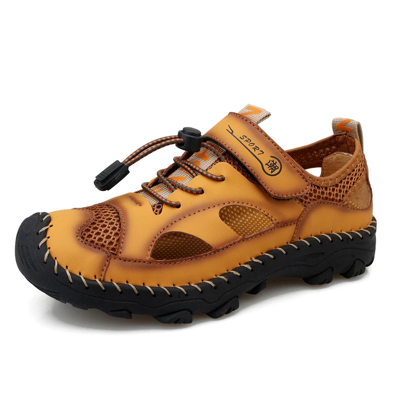 

Childrens Shoes Leather Sandals Hand-sewn Beach Leisure Outdoor Sports Students Toe Guard Holes Non-slip Boy Sneakers Kids 7-12
