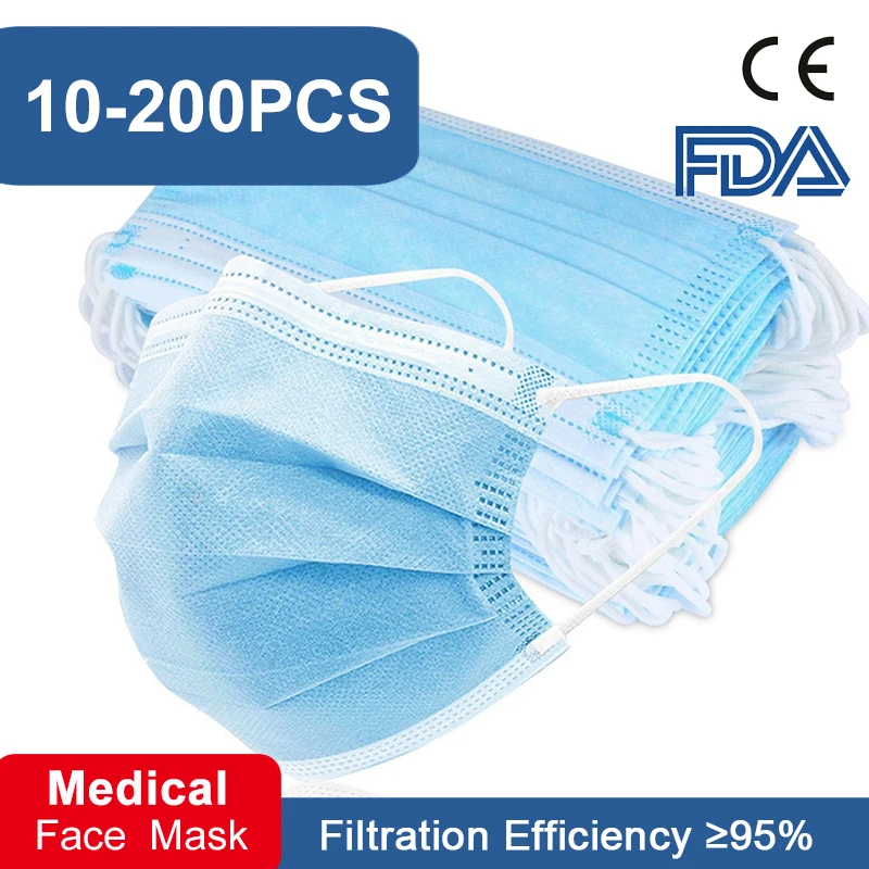 

10-200pcs Face Mask Disposable 3 Layer Non Woven Breathable Lightweight Dust-proof Face Mask For Adult Men Women Outdoor Offices