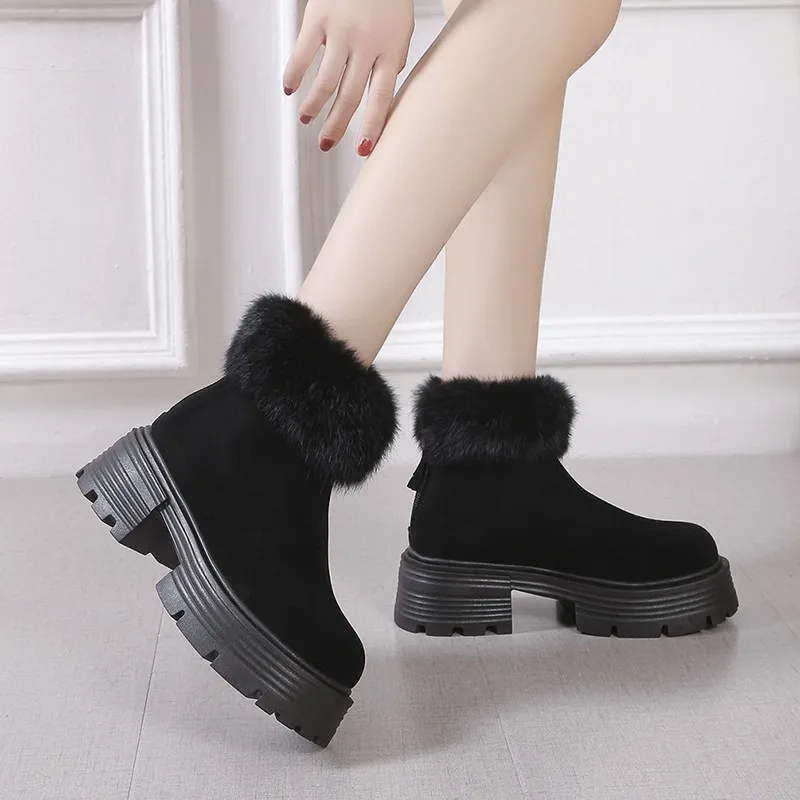 AIYUQI Snow Boots Women 2023 New Winter Fur Ankle Boots Women Plus Fleece Platform Warm English Style Chelsea Boots Shoes Women