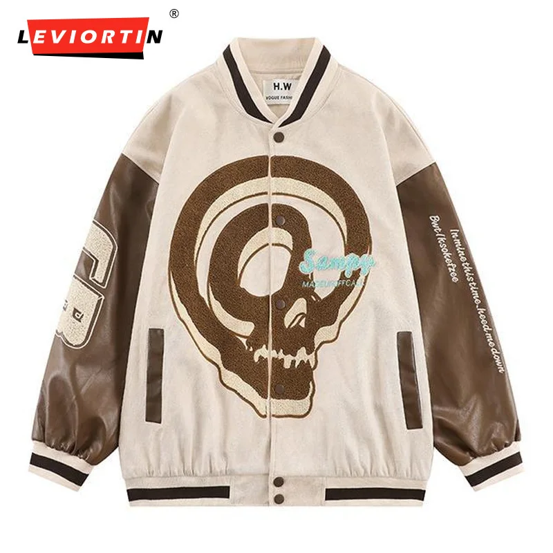 

Hip Hop Men Streetwear Embroidery Skull Baseball Jacket Retro Vintage Varsity Jacket Coat Harajuku Loose Jacket 2022 Autumn