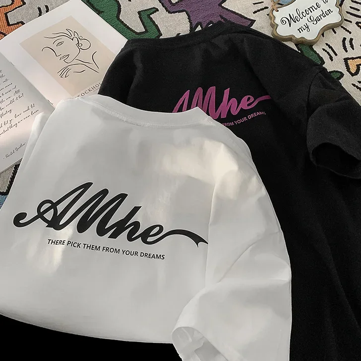 Pure Cotton Short Sleeve Letter Print T-Shirt Women's Loose Fashion Summer Top Belly Covering Large Size Shirt |