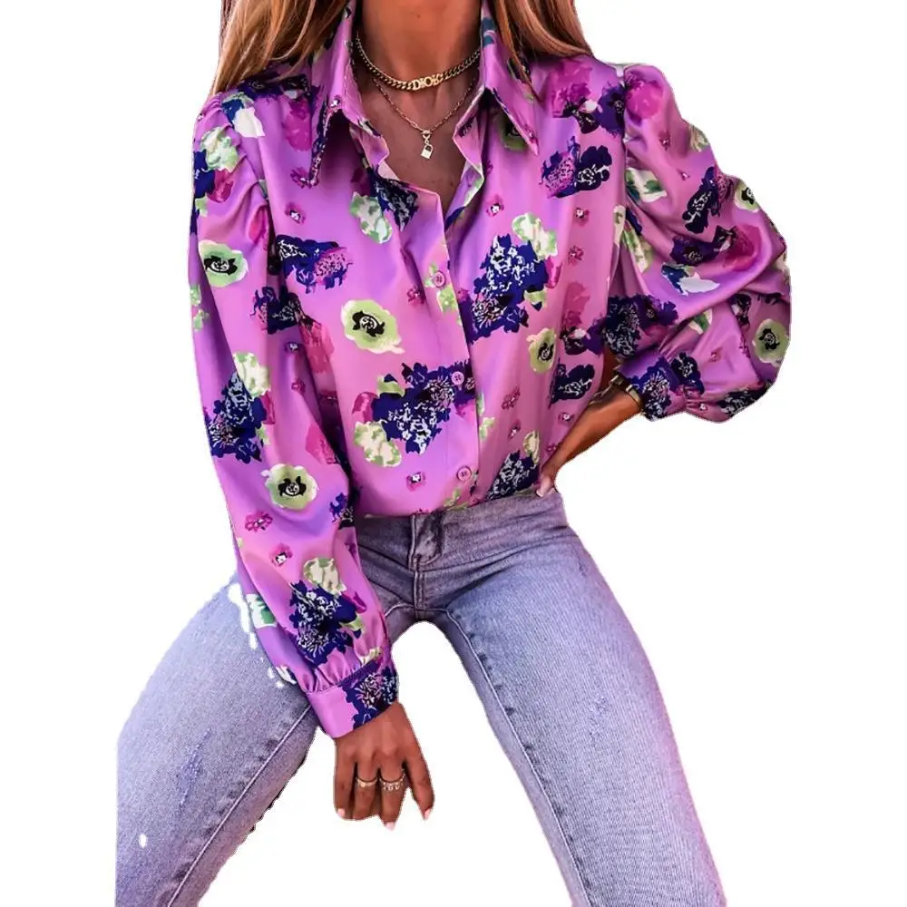 

Women Blouse Fashion Flower Print Turn Down Collar Full Sleeve Shirt 2023 Spring Blusas Feminina Female Clothing