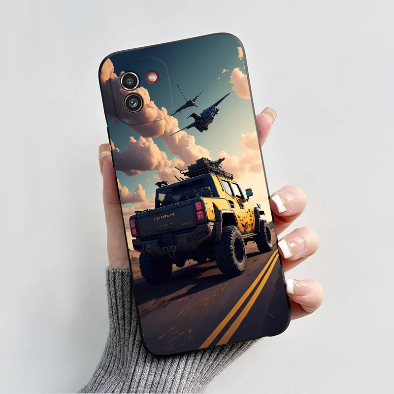 Мягкий силиконовый чехол для Samsung Galaxy A03 матовый черный с рисунком мифа