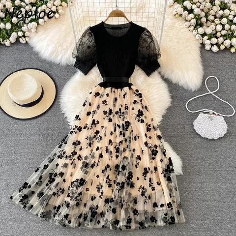 Neploe вязаное мини-платье с галстуком-бабочкой и круглым вырезом для женщин, сетчатое марлевое пышное платье, элегантное темпераментное платье, Vestido Feminino