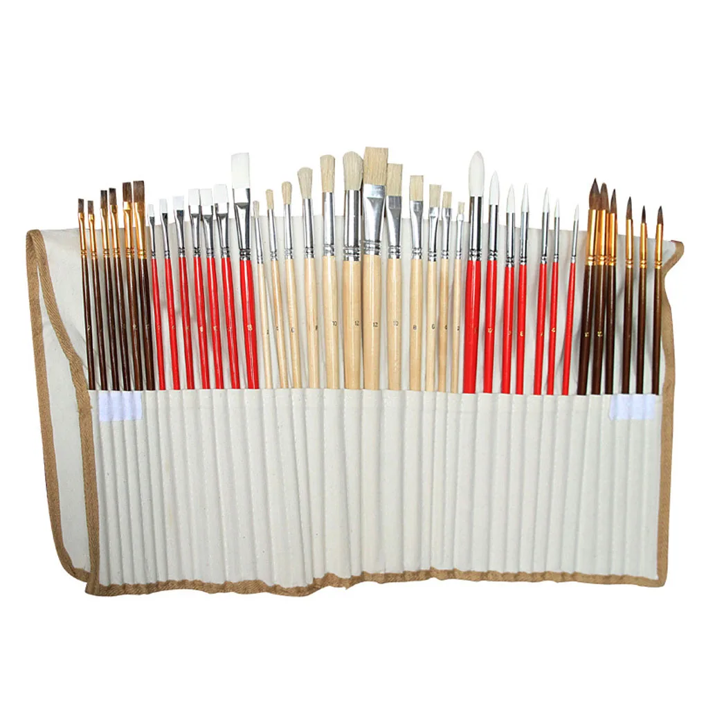 

38Pcs Set Paint Brushes Oil Watercolor Painting Drawing Pen Nylon Hairs Wooden Brush with Canvas Pouch