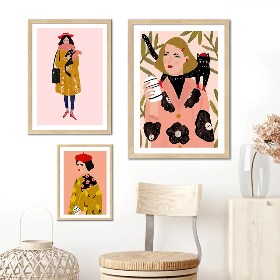 Модная девушка птица цветок лист иллюстрация настенная Картина на холсте