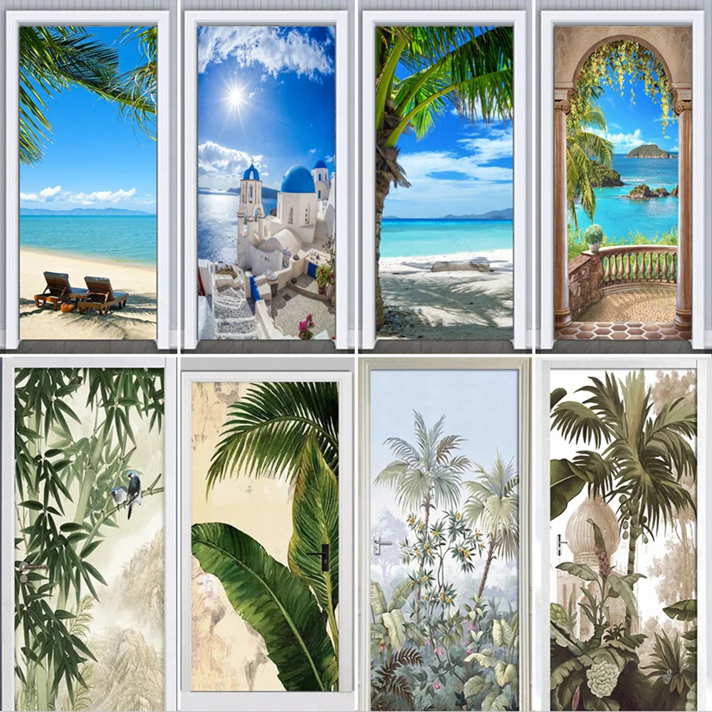 

Seascape Beach Door Stickers Mural Refurbishment Self-adhesive Green Plants Dormitory Wardrobe Wallpaper Sticker Home Room Decor