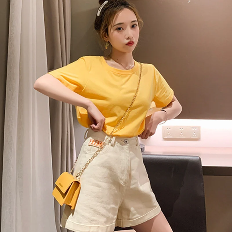 #1620 Casual Loose Cotton Tee Shirts Women Korean Style Short Sleeve O-neck T-shirts Ladies Solid Color Tees Girls Streetwear