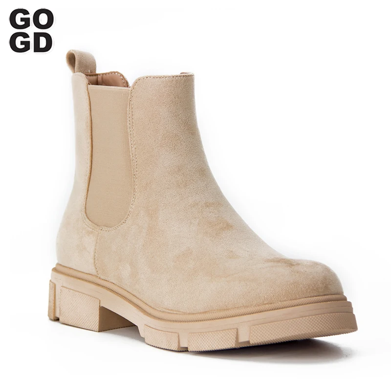 

GOGD Chelsea Boots Women Beige Ankle Boots Chunky Heel Platform British Knight Women's Shoes Dr. Martens Boots Smoke Pipe Boots