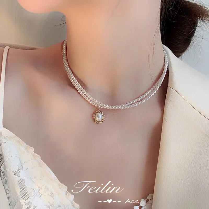 

Wholesale Korean Ornament Female Designer Model Double-Layer Court Style Necklace Choker Chain Fashion