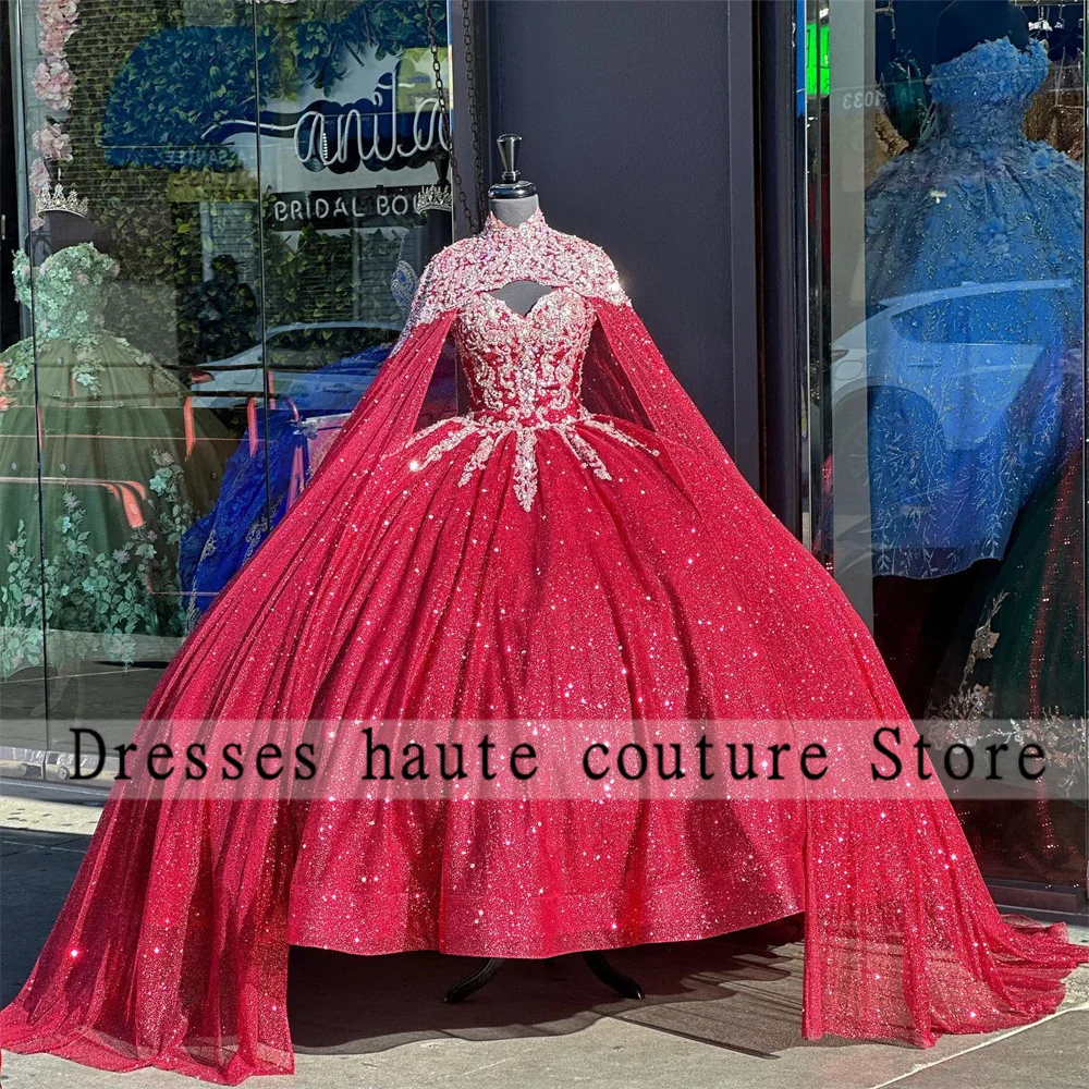 

Новое красное бальное платье Quinceanera, роскошное платье 2023 с накидкой, аппликацией и бусинами, милое платье принцессы на шнуровке, платья XV год...