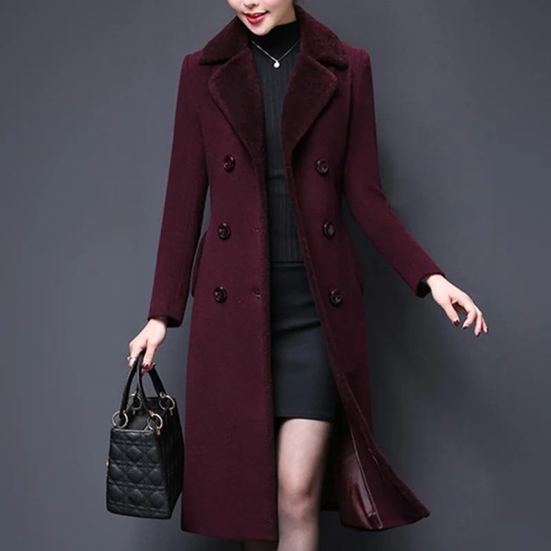 

M-5XL New Women Wool Blends Coat Winter 2022 Fashion Mother Thicken Cashmere Collar Long Jacket Warm Slim Tops Outerwear Female