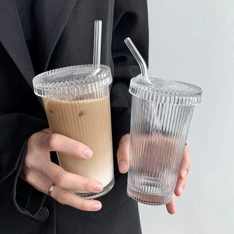 

375ML Stripe Glass Cup with Lid Straw Transparent Latte Coffee Bubble Tea Cup Juice Glass Beer Can Milk Mocha Cups Breakfast Mug