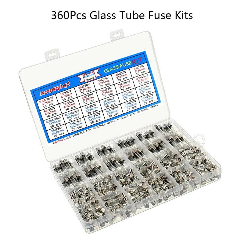 

360Pcs Set 5x20mm 6x30mm Quick Blow Glass Tube Fuse Assorted Kits Fast-blow Glass Fuses 0.25A 0.5A 1A 2A 3A 4A 5A 6A 15A 20A Box