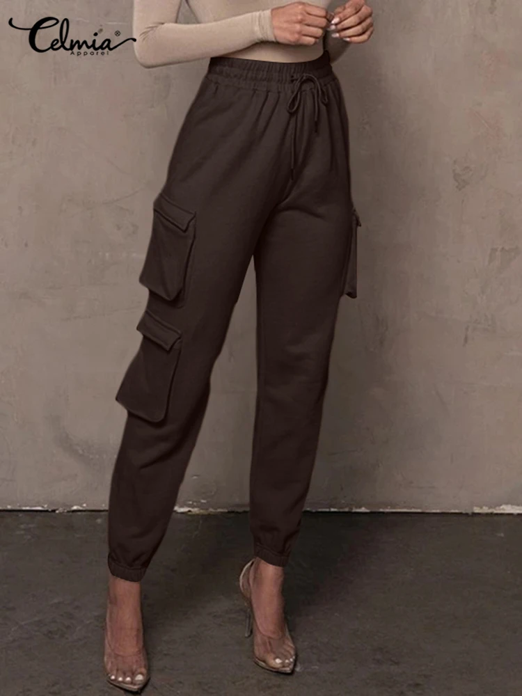 

Celmia Fashion Waist Pockets Pantalon Vintage Long Trousers 2022 Women Harem High Elastic Pants Casual Loose Solid Pants Femme
