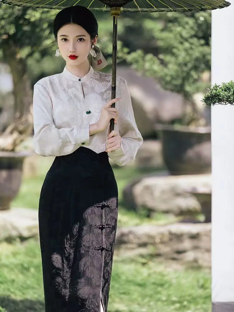 

Cheongsam Qipao Spring and Autumn Set Skirt High End Retro Slim Chi-pao Women's Jacquard Shirt Half Skirt Set Chinese Dress