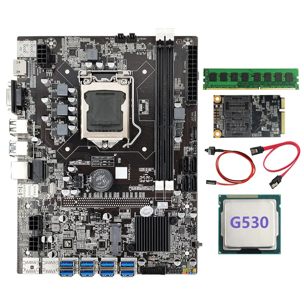

B75 BTC Mining Motherboard+G530 CPU+SATA Cable+Switch Cable+MSATA SSD 128G+DDR3 8GB 1600Mhz RAM LGA1155 8XPCIE USB Miner