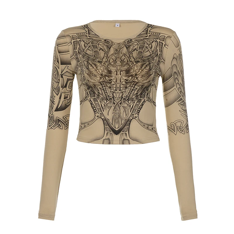 

2023 Y2k Skeleton Printed Crop Top O Neck Full Sleeve Vintage Streetwear Pullovers Women Gunge Punk Autumn Winter 90s Print Tee