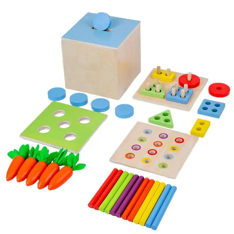 

4 In 1 Montessori Wood Match Permanent Box Toddler Infant Coin Box 8-12 Month Puzzle Toys For Baby Gift Hand-Foot Coordination