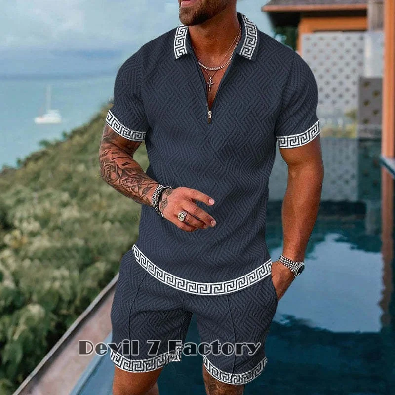 Men's Summer Tracksuit 2 Piece Set Men Jogging Outfits Casual Fashion Male Clothes Lapel Zipper Top Polos Shorts Suit Streetwear