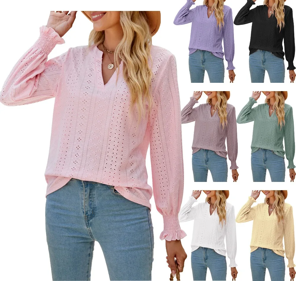 

Autumn New Women's Shirts Casual Solid Color Hollow V-Neck Loose Fitting Fashion Commuting Long Ruffle Sleeve Top
