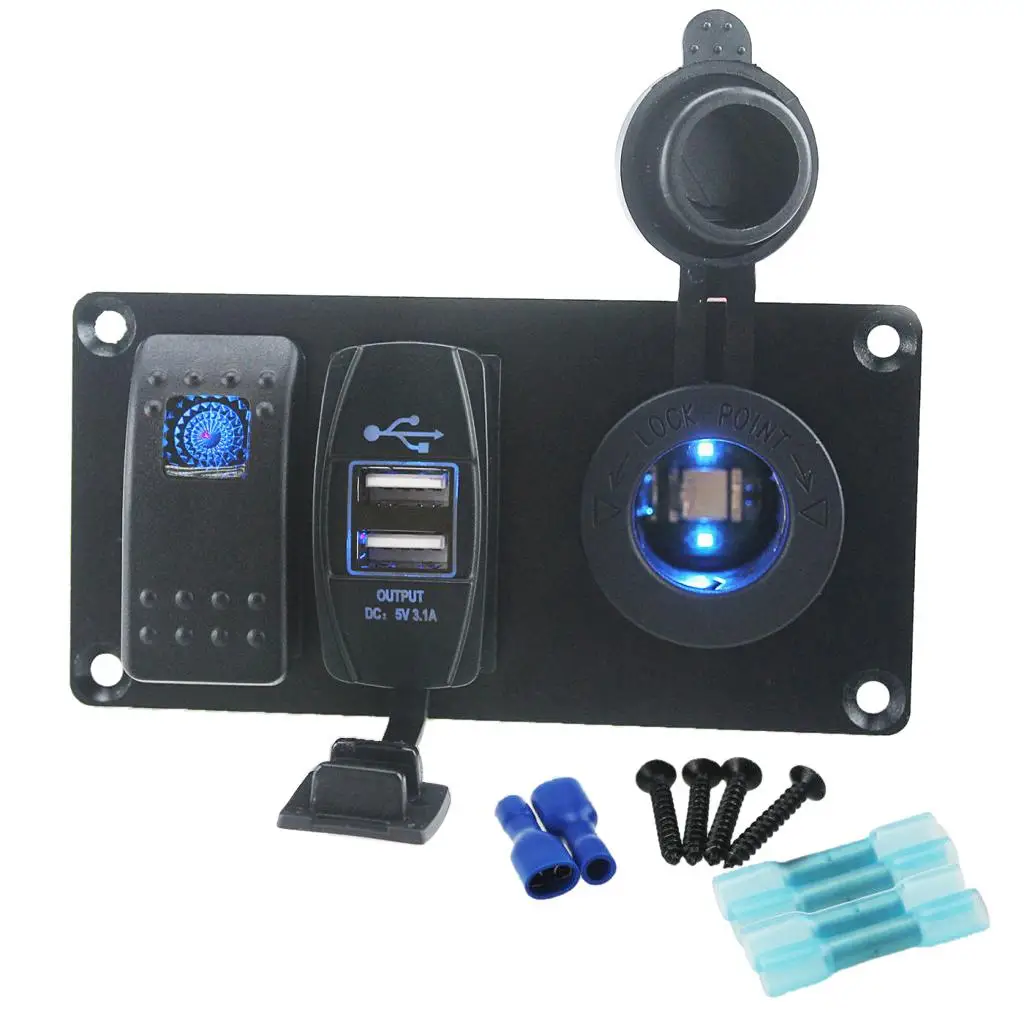 

1 комплект, Морская водонепроницаемая клавишная панель с двумя USB-портами и гнездом прикуривателя ()