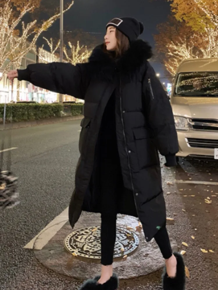 Women's Winter Fur Collar Long Coat Fashion Thick Warm Cotton Coat With Pockets Parka Female Vintage Padded Jacket Oversized