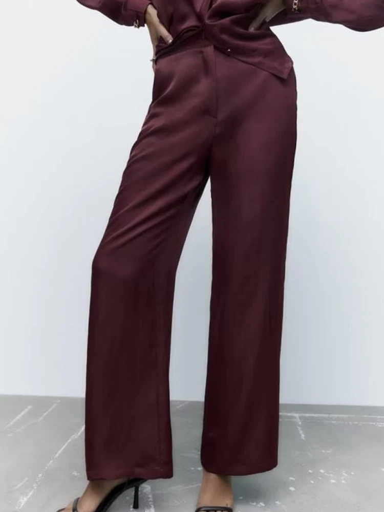 

2022 Summer Women Satin Straight Pants Fashion Casual Solid Buttons Zipper Female Elegant Street Pant Trousers Clothing