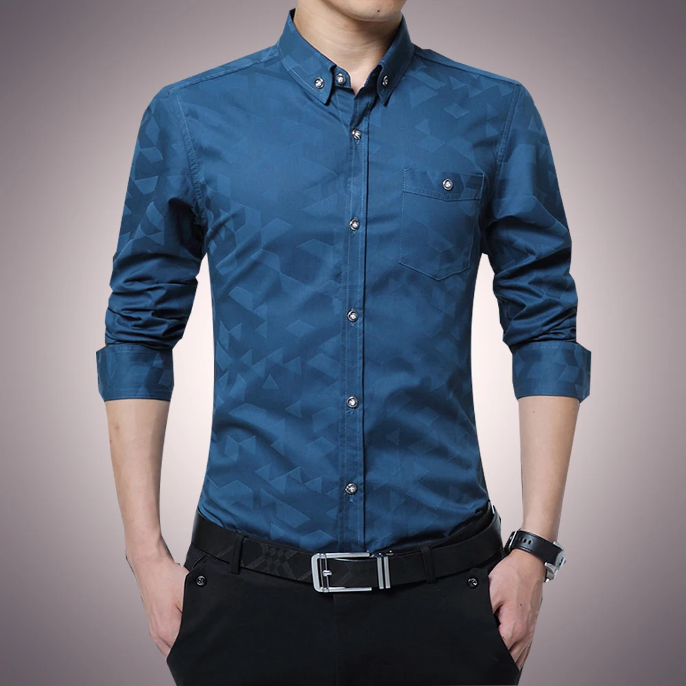 

Men Long Sleeved Casual Shirt High Quality Argyle Print Slim Fit Camisas De Hombre Business Chest Pocket Men's Dress Shirts 5XL