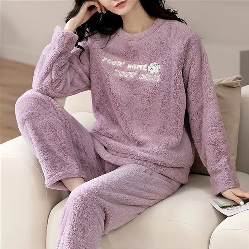Senhoras pijamas de flanela de inverno feminino conjunto de pijamas de lã sleepwear grosso quente veludo feminino homewear terno bonito doce pijamas 4