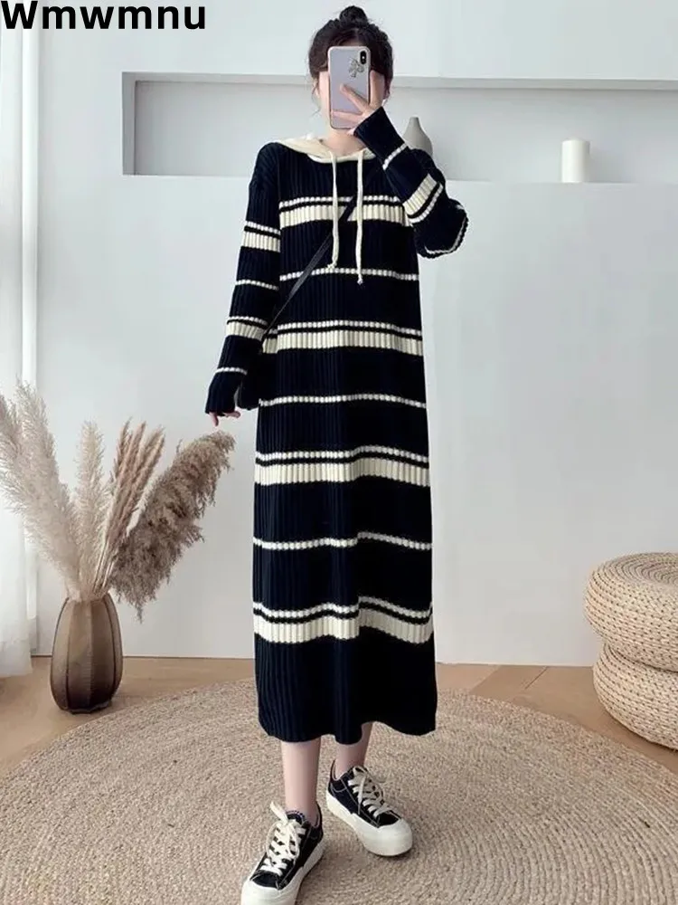 

Корейский свитер с капюшоном и полосками платья, повседневные облегающие платья миди на шнуровке, шикарный элегантный кружевной Женский трикотажный халат с длинным рукавом