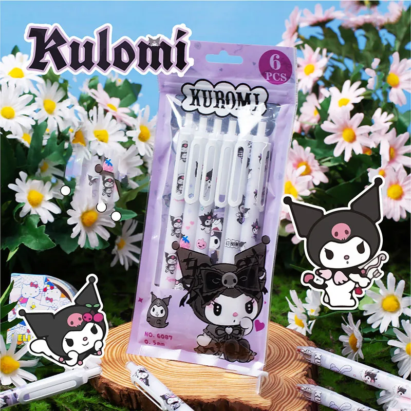 

6Pcs Kawaii Sanrio Kuromi Gel Pen Cute Anime Stationery Students Press Signature Pen Black 0.5Mm School Supplies Office Gift