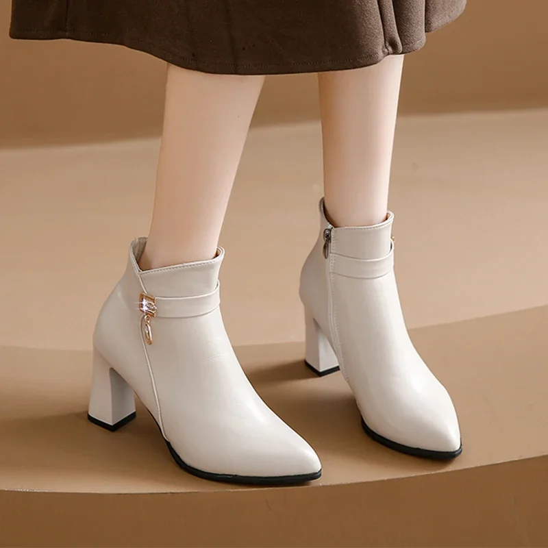 

High Heels Women Ankle Chelsea Boots Crystal Pointed Toe Sexy Shoes Winter 2024 Trend New Elegant Pumps Fad Zipper Botas Mujer