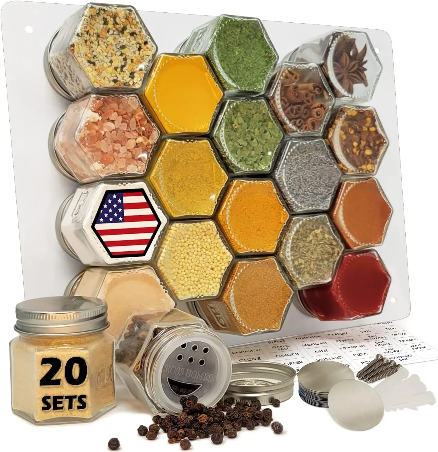 

Small Hexagon Glass Spice Jars 20 Sets with magnetic Lids, Shaker, Board, Spice Labels DIY Spice Tins/ for Refrigerator Fridge