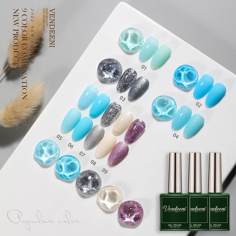 Vendeeni 9 Colors Sky Blue Series Gel Nail Polish Blue Gray Silver Color Nail Art Gel Lacquer UV LED Soak Off Gel Varnish 15ml