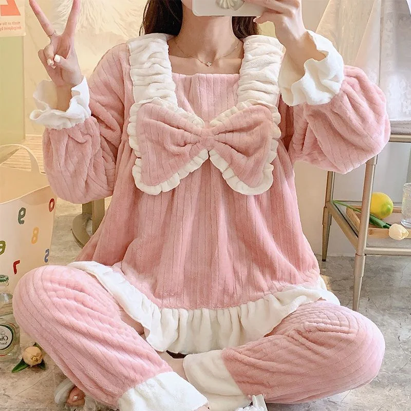 Winter Princess Pajamas Set Sexy Sleepwear For Women Soft Embroidery Cartoon Pyjama Women's Fashion Flannel Warm Homewear
