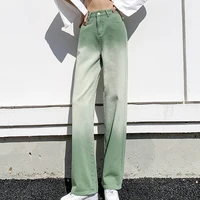 bottoms lengthen loose green straight jeans for women high waist wide leg femme trousers casual comfort denim mom pants 2022