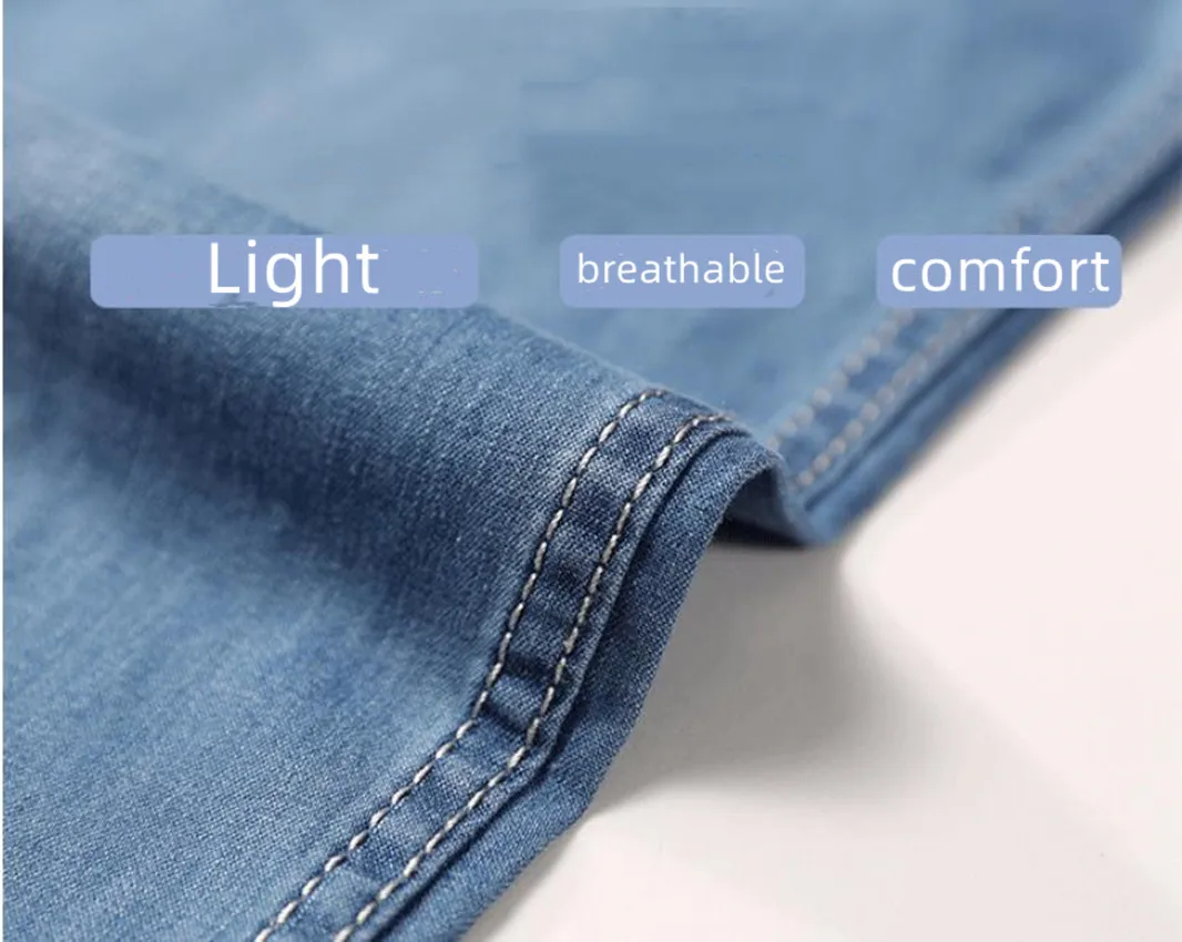 Classic Style Men Jeans Business Casual Straight  Loose Cotton Denim Pants Solid Light and thin breathable Trousers Male