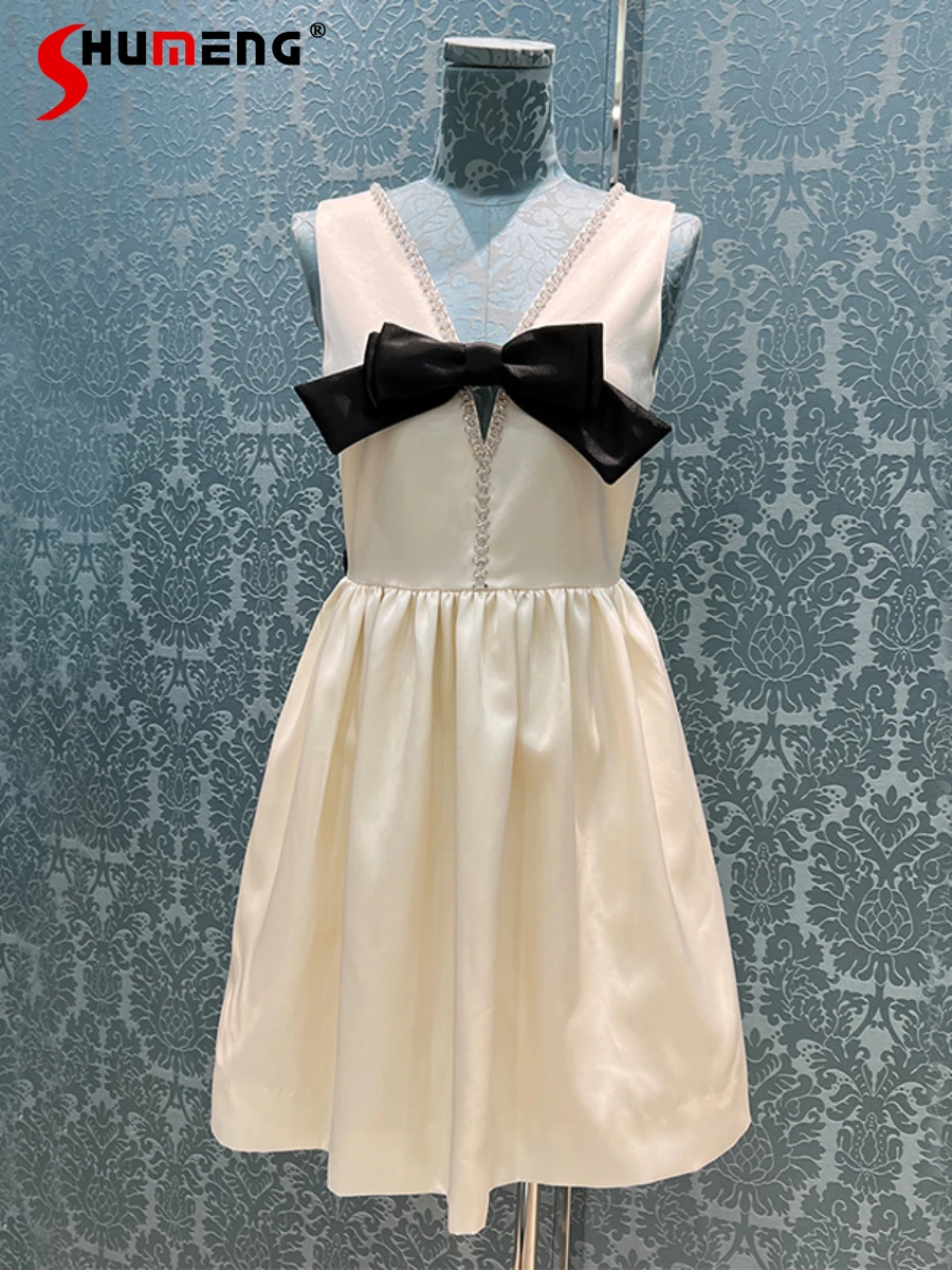 

French Style Beaded Bowknot V-neck Satin Dress Socialite Elegant Diamond-Embedded Waist-Tight Sleeveless Mid-length Dress
