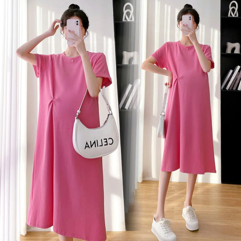 New Korean Style Fashion Maternity Dress Short Sleeve O-Neck Pregnant Woman Cotton Dress Long Loose Casual Pregnancy Clothes enlarge