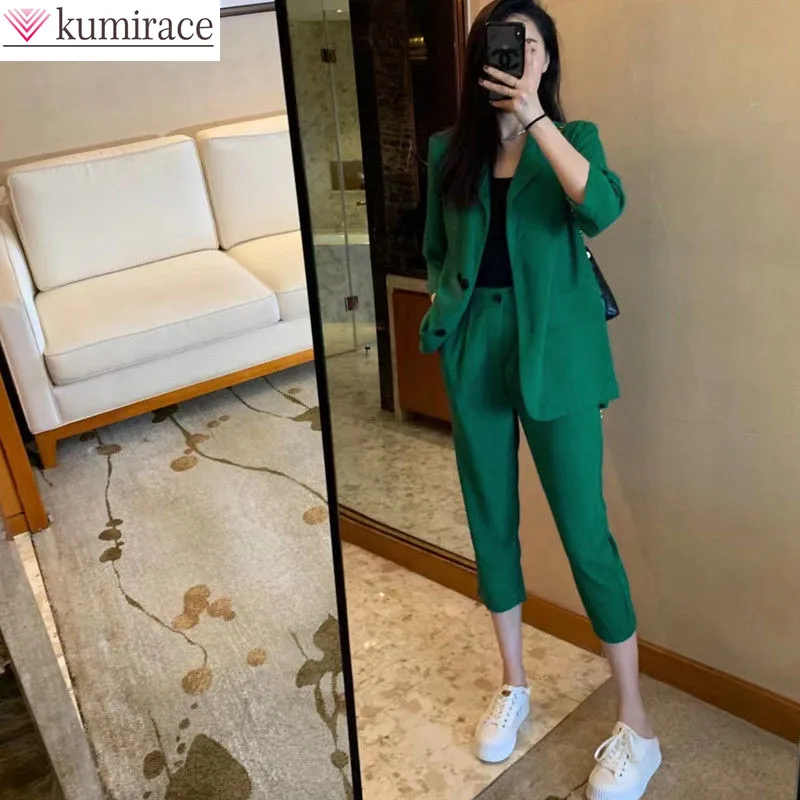 Summer New Korean Fashion Elegant Women's Pants Suit Fashion Blazer Jacket Casual Capri Two-piece Set Female Trousers Suit