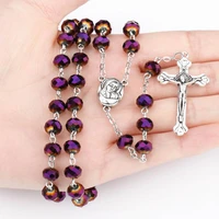 vintage virgin mary cross pendant necklace purple glass crystal beads catholic rosary necklace prayer beaded religion jewelry