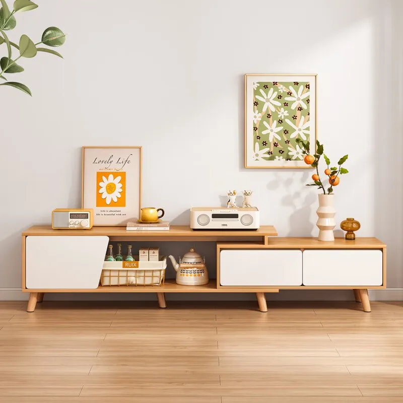 

Simple Modern Small Apartment Solid Wood Legs Coffee Table TV Cabinet Combination Nordic Retractable TV Stand Living Room