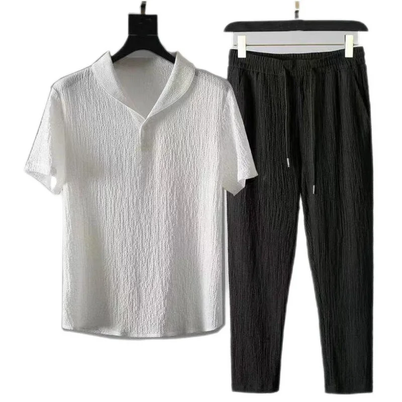 

Men's Casual Two-Piece Set Summer Thin Short-Sleeved Shirt + Elastic Waist Trousers Solid Shirt+Trousers Home Suits