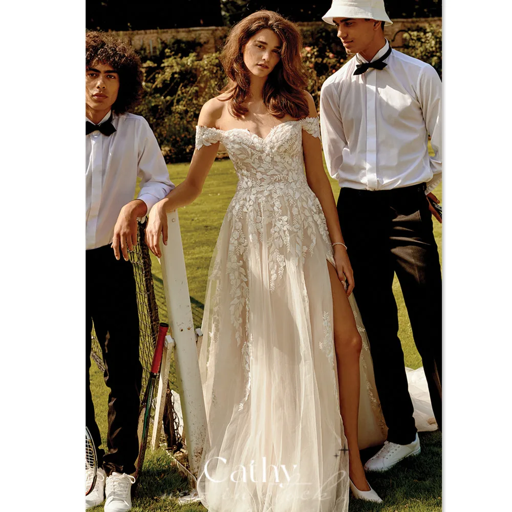 

Cathy Boho Off The Shoulder Vestidos De Novia Grace Lace Embroidery A-line Bridal Gown Tulle Sweep Train Bridal Wedding Dresses